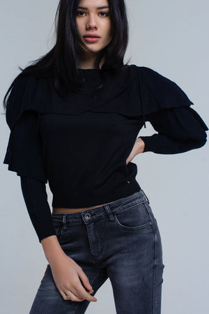 Sweater With Off the Shoulder Detail and Ruffle Detail in Black