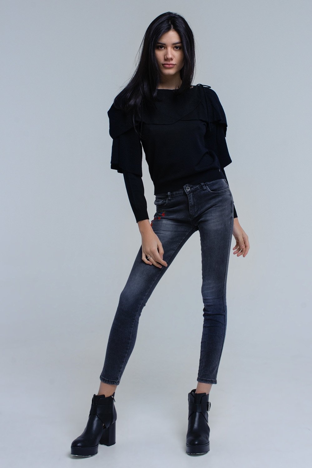 Sweater With Off the Shoulder Detail and Ruffle Detail in Black