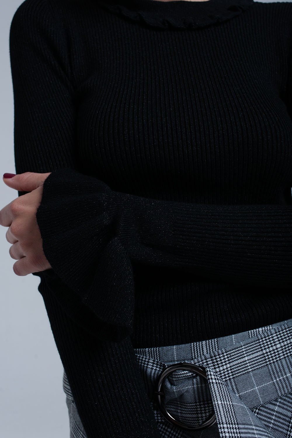 Black Shiny Sweater With Ruffle