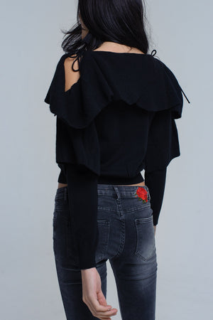 Sweater With Off the Shoulder Detail and Ruffle Detail in Black