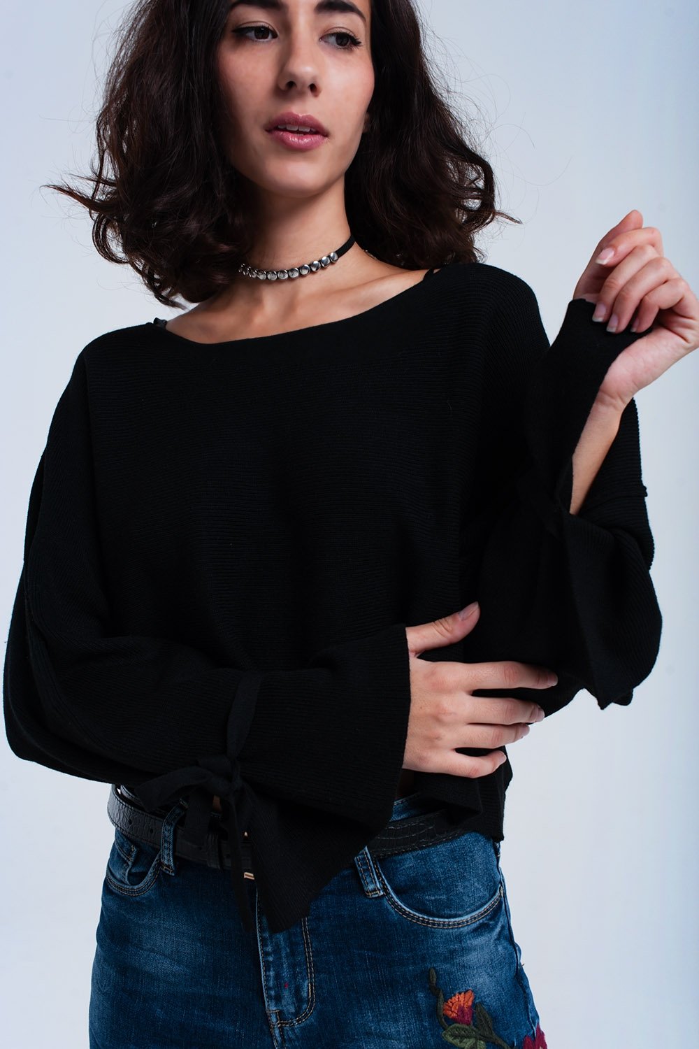 Black Crop Sweater With Ribbons