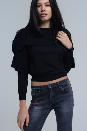 Sweater With Off the Shoulder Detail and Ruffle Detail in Black