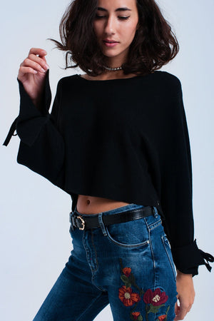 Black Crop Sweater With Ribbons