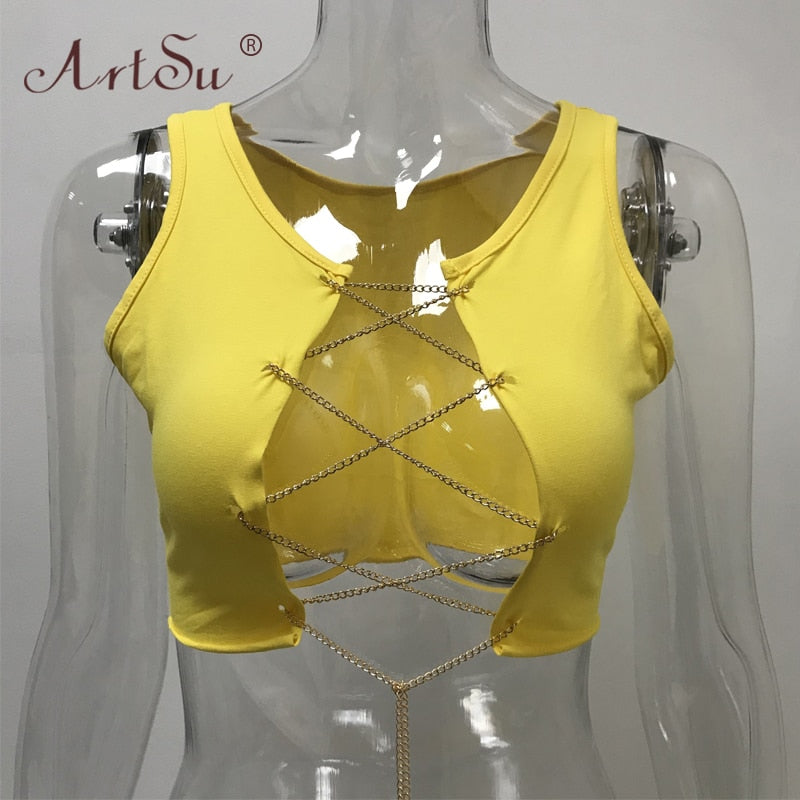 ArtSu Red Black White Metal Chain Sleeveless Crop Top Sexy Clubwear Women Adjustable Lace Up Hollow Out Tank Tops Tees Camisole