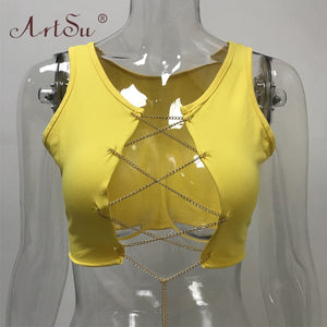 ArtSu Red Black White Metal Chain Sleeveless Crop Top Sexy Clubwear Women Adjustable Lace Up Hollow Out Tank Tops Tees Camisole