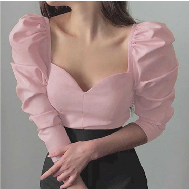 Vintage Solid Puff Sleeve Long sleeve top