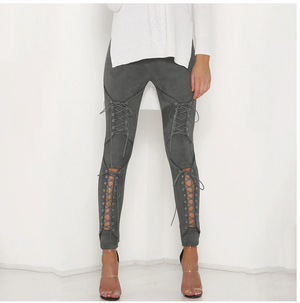 Suede Leather Lace Up Pencil Pants