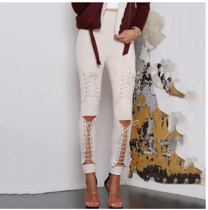 Suede Leather Lace Up Pencil Pants