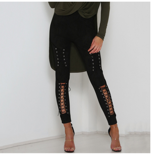 Suede Leather Lace Up Pencil Pants