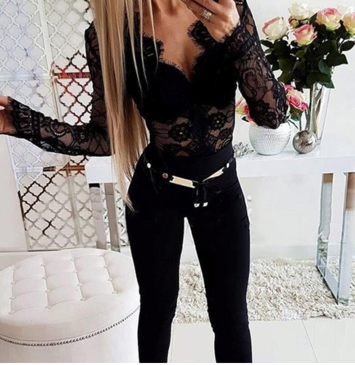 Lace Long Sleeve V-Neck Blouse