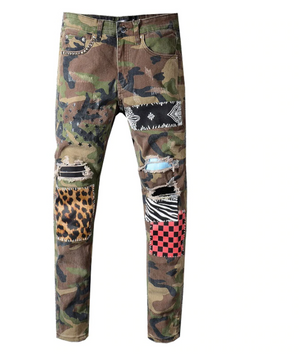 camouflage leopard patchwork stars printed ripped denim