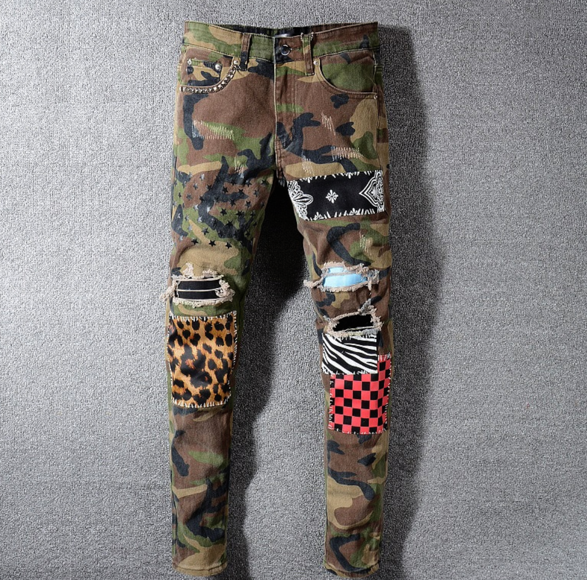 camouflage leopard patchwork stars printed ripped denim