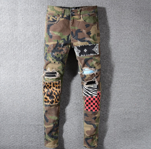 camouflage leopard patchwork stars printed ripped denim