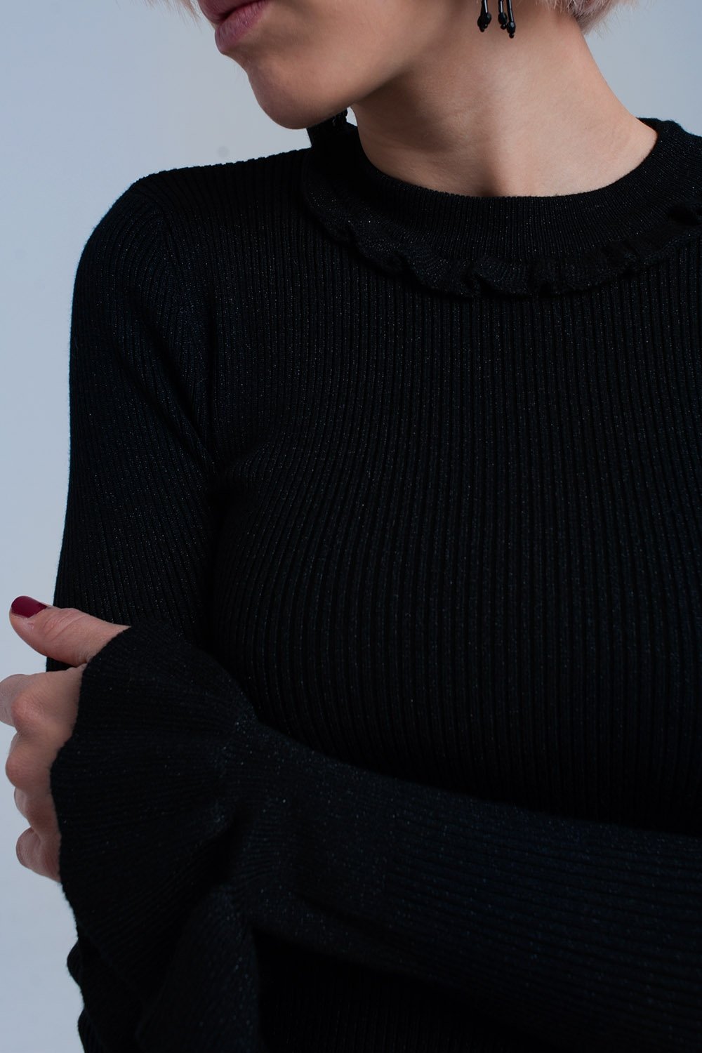 Black Shiny Sweater With Ruffle