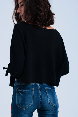 Black Crop Sweater With Ribbons