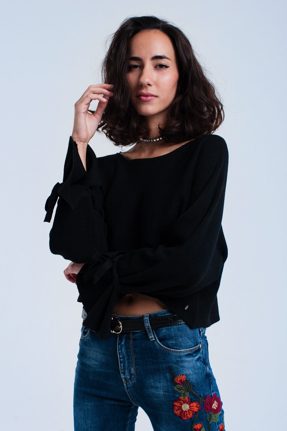 Black Crop Sweater With Ribbons