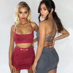 Suede Vest Bandage Crop Top 2 Piece Set