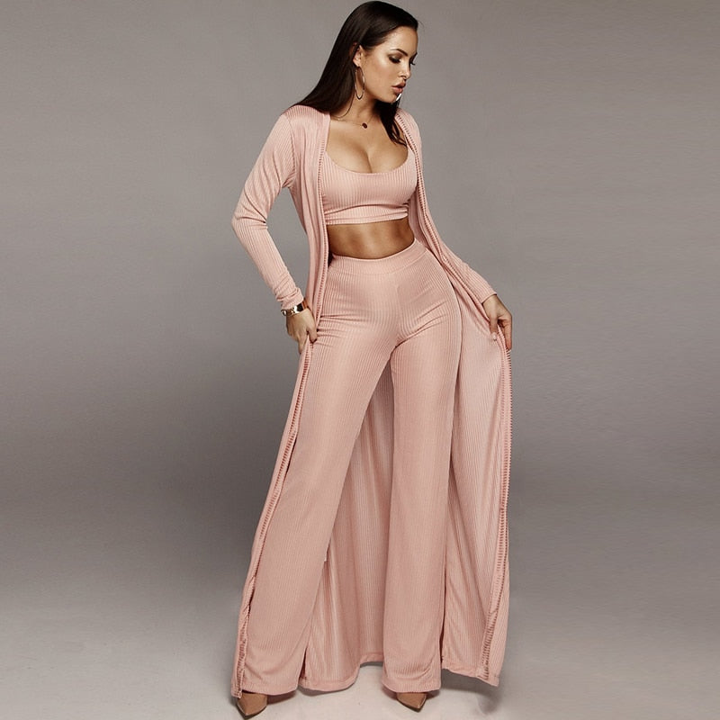 Long Cloak Coat Crop Top  Pants Knitted 3 piece set