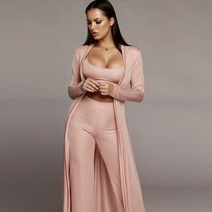 Long Cloak Coat Crop Top  Pants Knitted 3 piece set