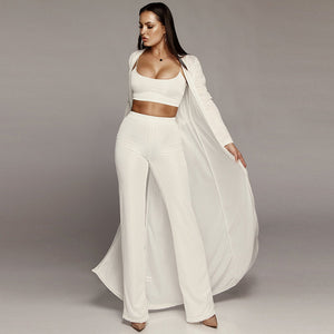 Long Cloak Coat Crop Top  Pants Knitted 3 piece set