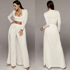 Long Cloak Coat Crop Top  Pants Knitted 3 piece set