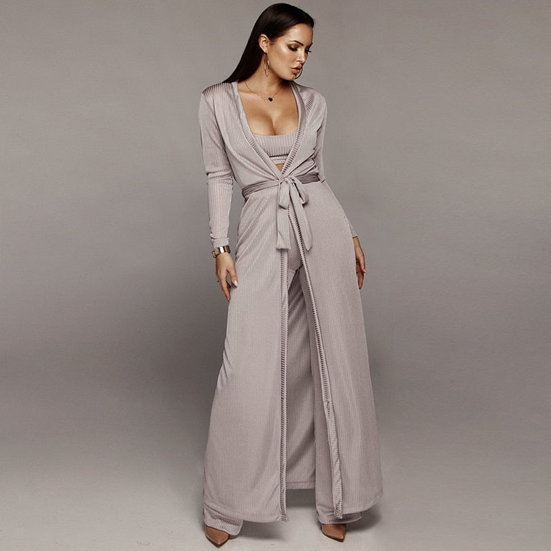 Long Cloak Coat Crop Top  Pants Knitted 3 piece set