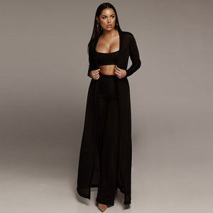 Long Cloak Coat Crop Top  Pants Knitted 3 piece set