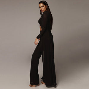 Long Cloak Coat Crop Top  Pants Knitted 3 piece set