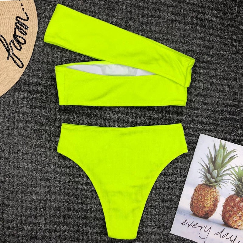 One Shoulder Neon Green High Waist Ribbed Bikini Set