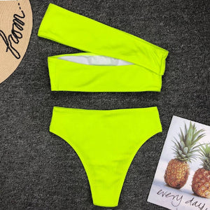 One Shoulder Neon Green High Waist Ribbed Bikini Set