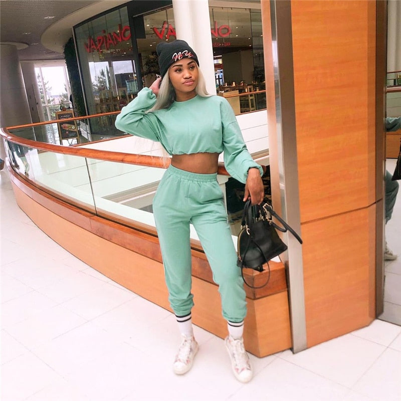 Two Piece Casual Drawstring Crop Hoodie and Sweat Pant Set