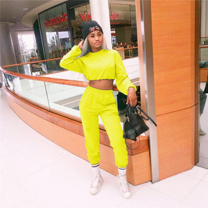 Two Piece Casual Drawstring Crop Hoodie and Sweat Pant Set