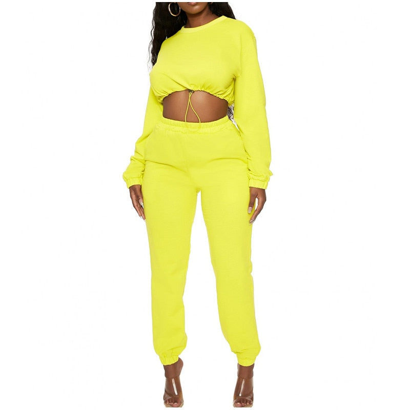 Two Piece Casual Drawstring Crop Hoodie and Sweat Pant Set