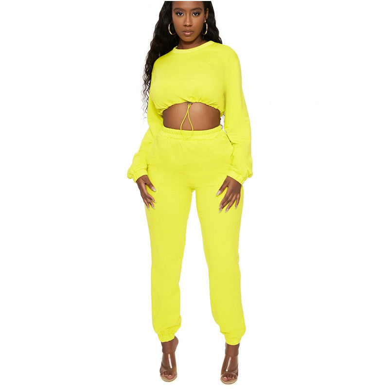 Two Piece Casual Drawstring Crop Hoodie and Sweat Pant Set