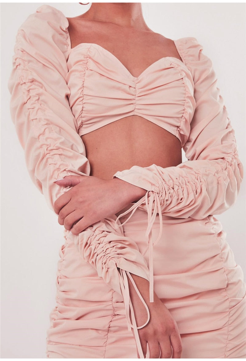 Double Layers Ruffled Two Piece Crop Top Skirt Set