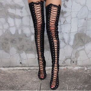 Faux Suede Over The Knee Gladiator Lace Up Boot