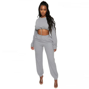 Two Piece Casual Drawstring Crop Hoodie and Sweat Pant Set