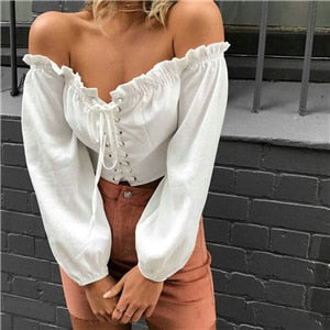 Off Shoulder Lace Up Long Sleeve Crop Top