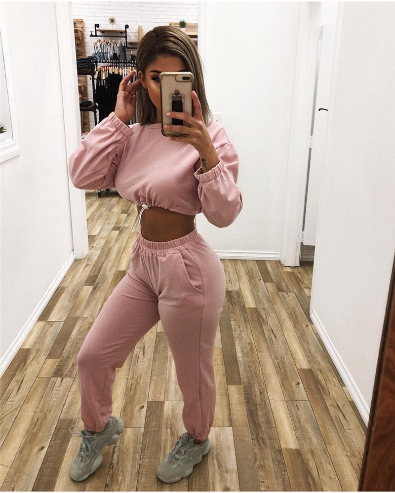 Two Piece Casual Drawstring Crop Hoodie and Sweat Pant Set