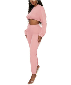 Two Piece Casual Drawstring Crop Hoodie and Sweat Pant Set