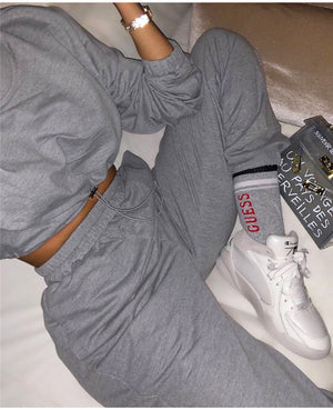 Two Piece Casual Drawstring Crop Hoodie and Sweat Pant Set