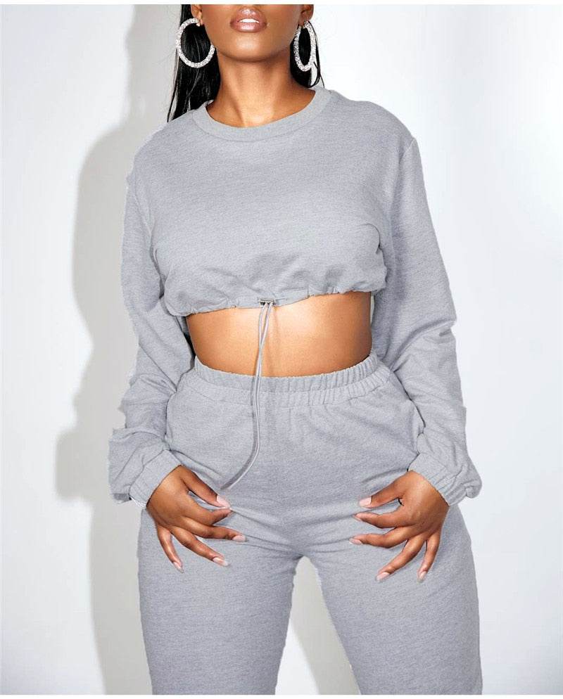 Two Piece Casual Drawstring Crop Hoodie and Sweat Pant Set