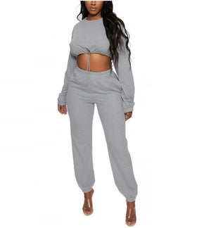 Two Piece Casual Drawstring Crop Hoodie and Sweat Pant Set