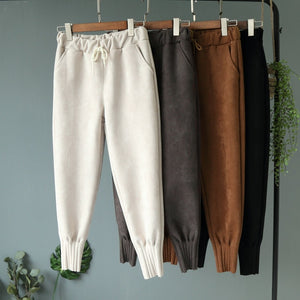 Faux Suede High Waist Pockets Harem Trousers