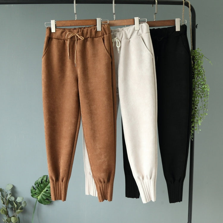 Faux Suede High Waist Pockets Harem Trousers