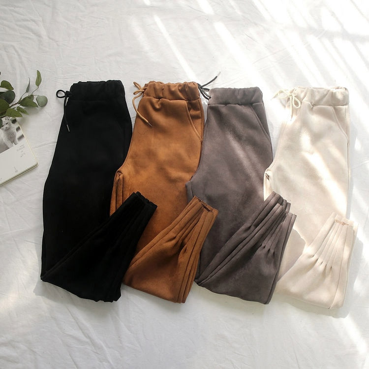 Faux Suede High Waist Pockets Harem Trousers