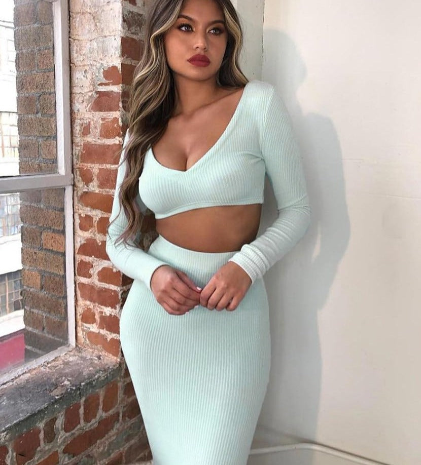 Knitted Two Piece Crop Top Long Skirt Set