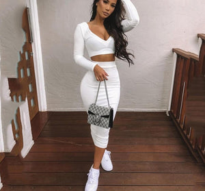 Knitted Two Piece Crop Top Long Skirt Set