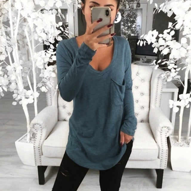 Solid V-neck Long Sleeve