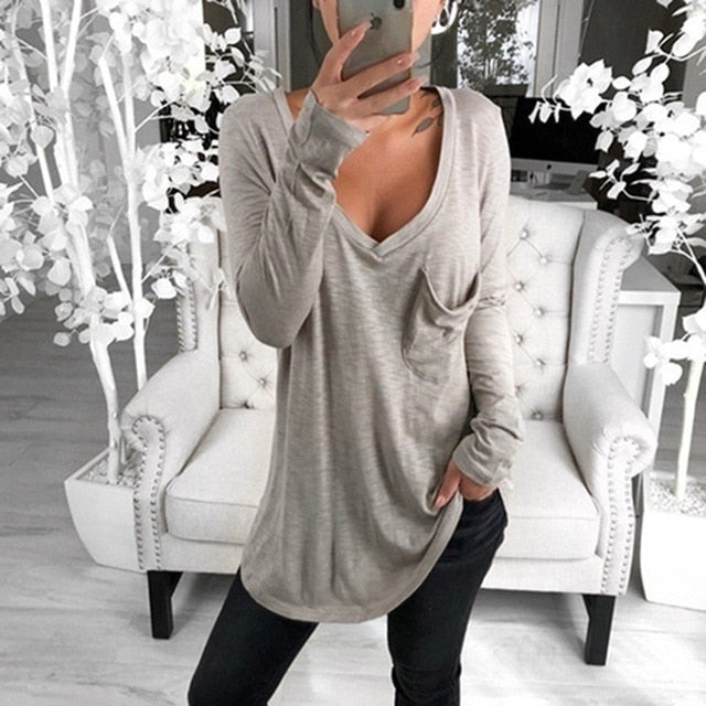 Solid V-neck Long Sleeve